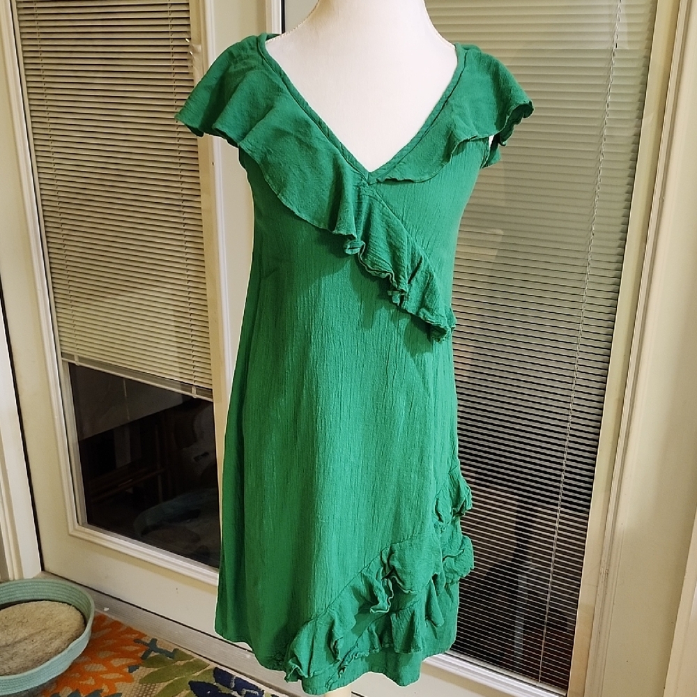 Green Ruffle V-Neck Dress